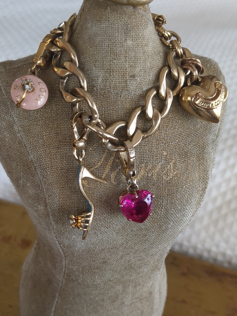 Gold-Tone Heart Charm Bracelet with Pink Crystal Heart